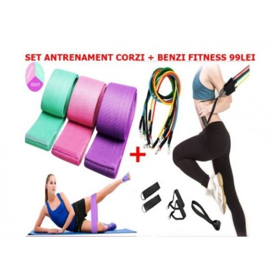 OFERTA FITNESS - Sistem de antrenament fitness cu corzi extensibile + Set 3 benzi elastice din material, 3 niveluri de rezistenta